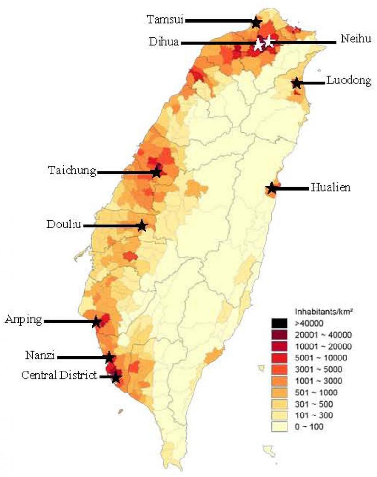 Tajvan karta gustoće naseljenosti